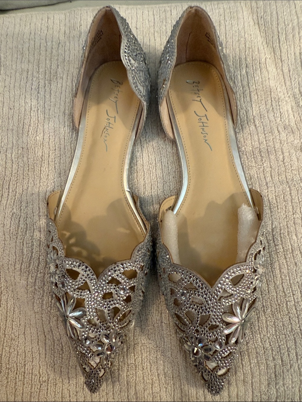 Betsey Johnson Silver Crystal Floral Cutout D'Orsay Flats